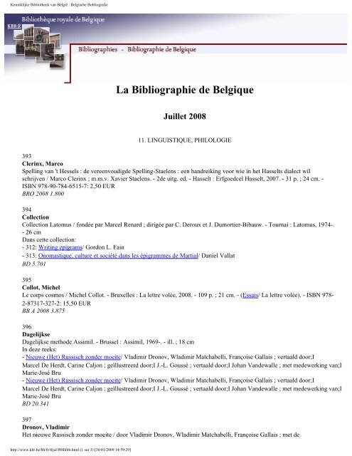 La Bibliographie de Belgique Juillet 2008 - Koninklijke Bibliotheek ...