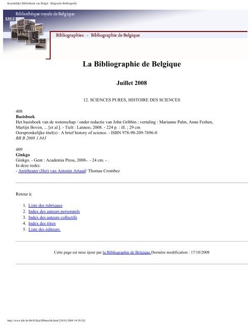 La Bibliographie de Belgique Juillet 2008 - Koninklijke Bibliotheek ...