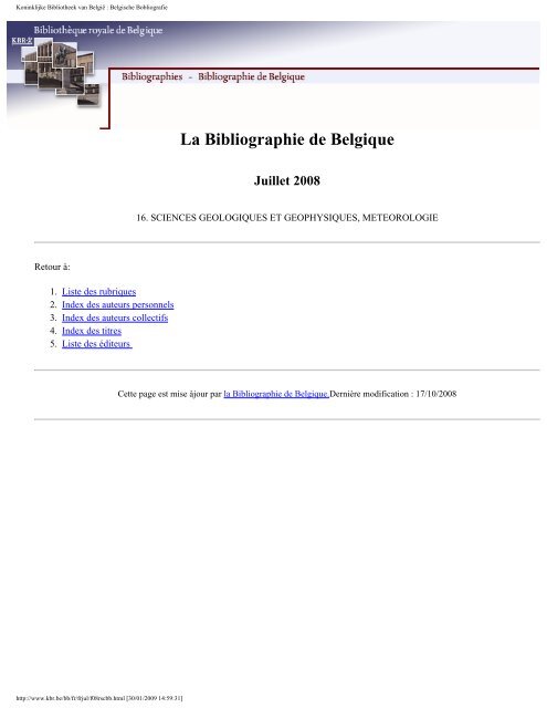 La Bibliographie de Belgique Juillet 2008 - Koninklijke Bibliotheek ...