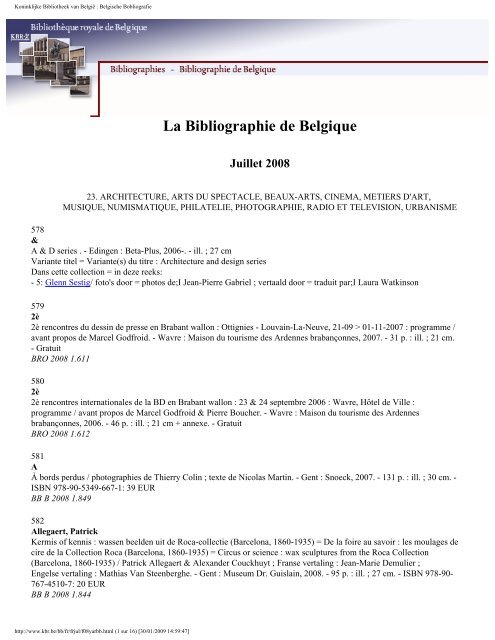 La Bibliographie de Belgique Juillet 2008 - Koninklijke Bibliotheek ...