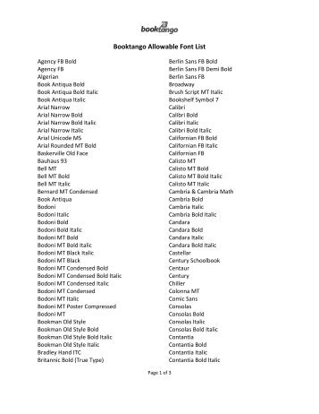 Booktango Allowable Font List