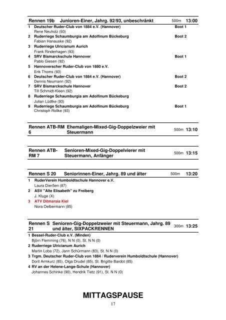 Meldeergebnis - RuderVerein Humboldtschule Hannover eV