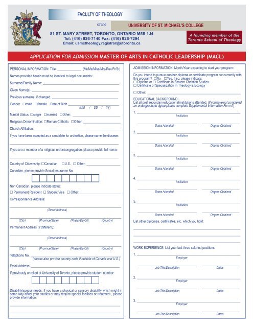 Download the Application Form - St. Michael's College - University ...
