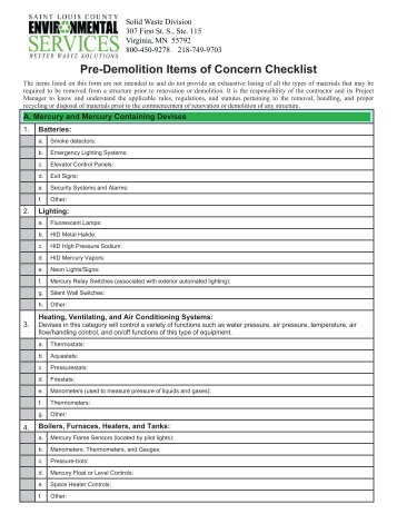 Pre-Demolition Items of Concern Checklist - St. Louis County
