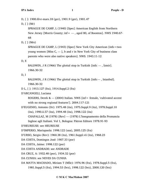 IPA Index 1 People - D © M K C MacMahon 2007 D, [ ]: 1900.févr ...