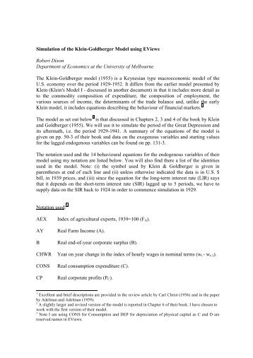 Simulation of the Klein-Goldberger Model using EViews Robert ...