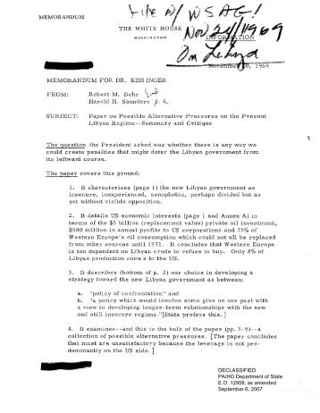 MEMORANDUM FOR DR. KISS INGER r r FROM: Robert M. Behr 1 ...