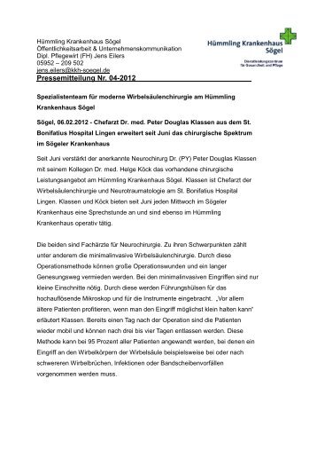 Pressemitteilung 04-2012 - Hümmling Krankenhaus Sögel