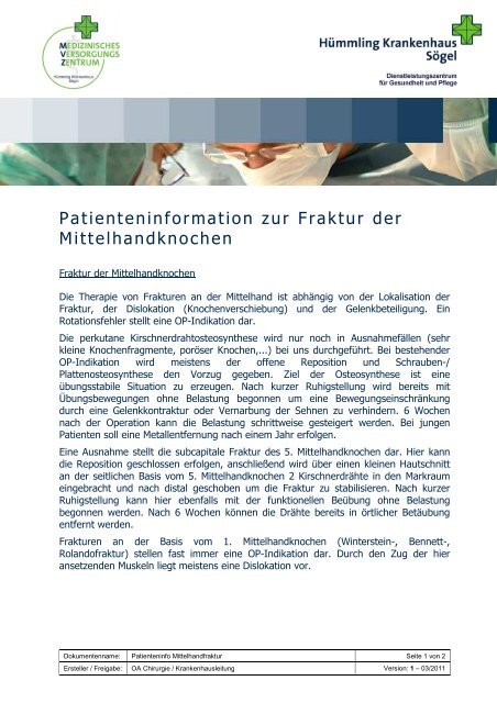 Patienteninformation zur Fraktur der Mittelhandknochen - Hümmling ...