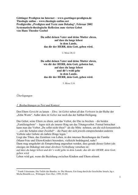 Reflexion Zum 4 Gebot Hans Theodor Goebel Gottinger Predigten