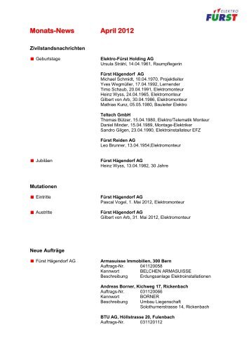 Monats-News April 2012 - bei Elektro-Fürst Holding AG