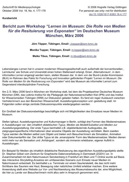 Bericht zum Workshop “Lernen im Museum: Die Rolle von Medien ...