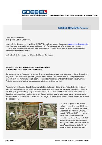 Goebel Newsletter 02 2007 - Goebel Schneid