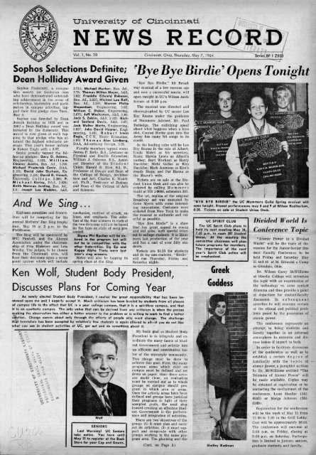 University of Cincinnati News Record. Thursday, May 7, 1964. Vol. L ...