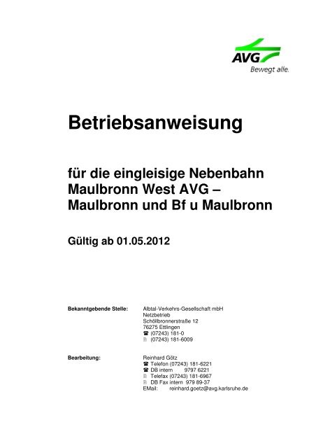 Betriebsanweisung für die Nebenbahn Maulbronn-West - AVG