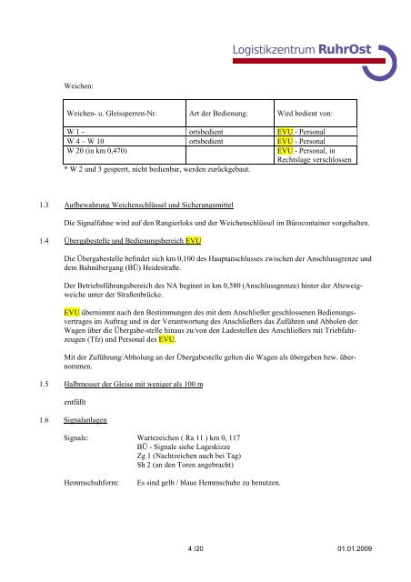 Bedienungsanweisung für den Gleisanschluss Unna-Nord