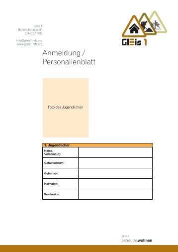 Personalienblatt Anmeldung / Personalienblatt - Gleis 1