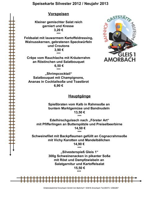 Menükarte Silvester - Erlebnisbahnhof Gleis 1 Amorbach