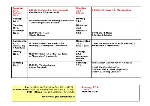 Gottesdienstordnung Telfes Jänner 2013 - Stubai