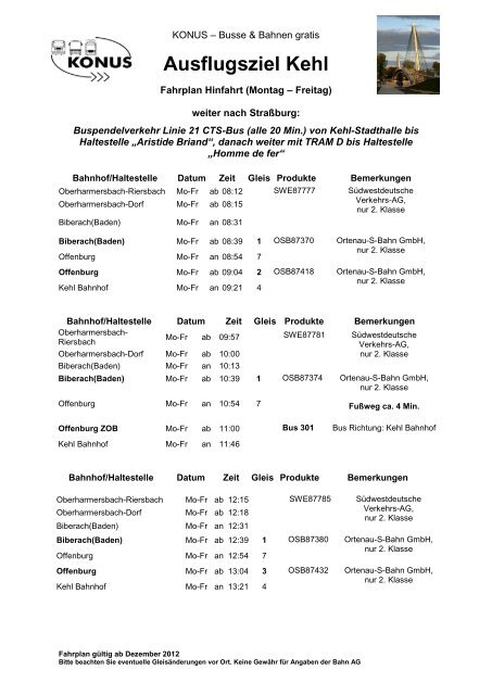 Fahrplan Kehl/Straßburg - Oberharmersbach