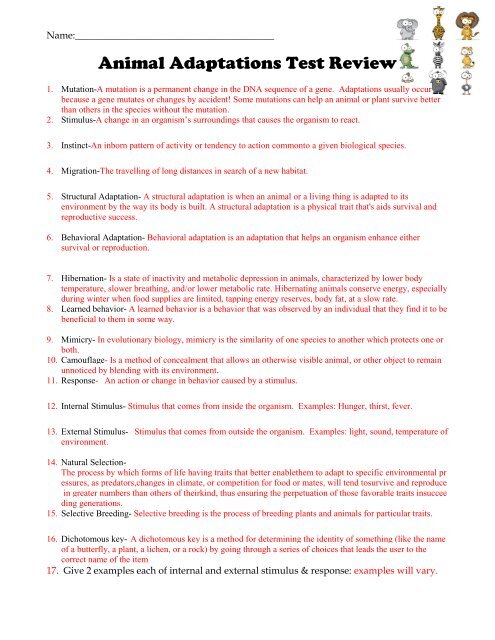 Animal Adaptations Test Review Animal Adaptations Test Review