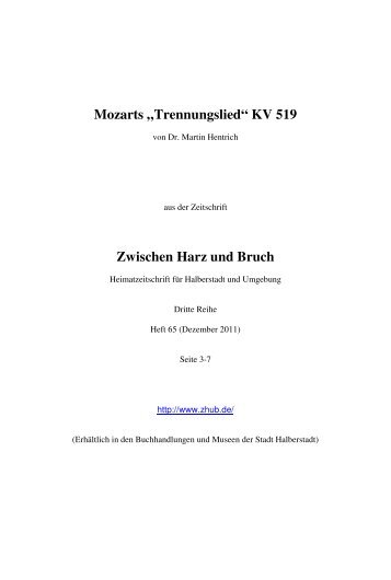 Mozarts Trennungslied KV 519 - Zwischen Harz und Bruch