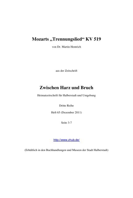 Mozarts Trennungslied KV 519 - Zwischen Harz und Bruch