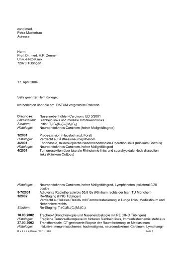 cand.med. Petra Musterfrau Adresse Herrn Prof. Dr. med. HP Zenner ...