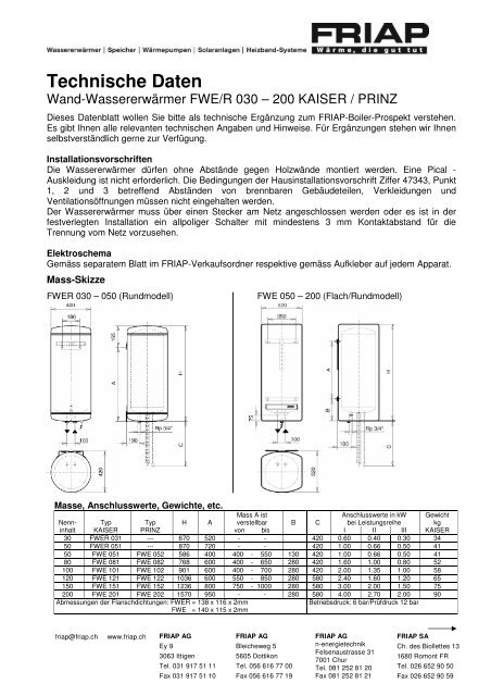 Technische Daten - Friap AG