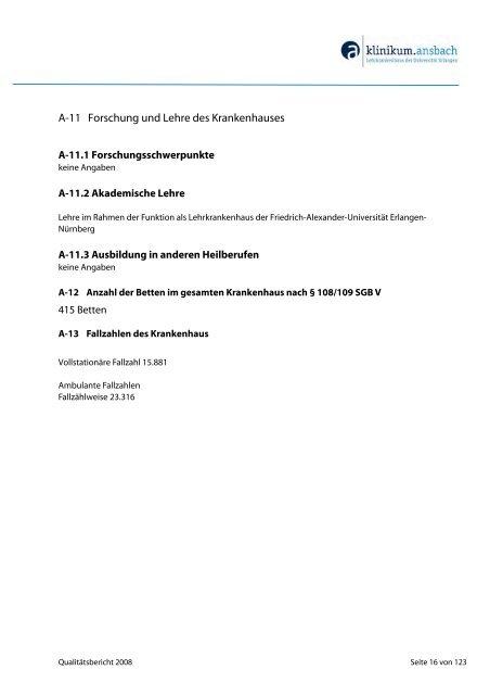 Qualitätsbericht 2008 - Klinikum Ansbach