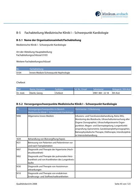 Qualitätsbericht 2008 - Klinikum Ansbach