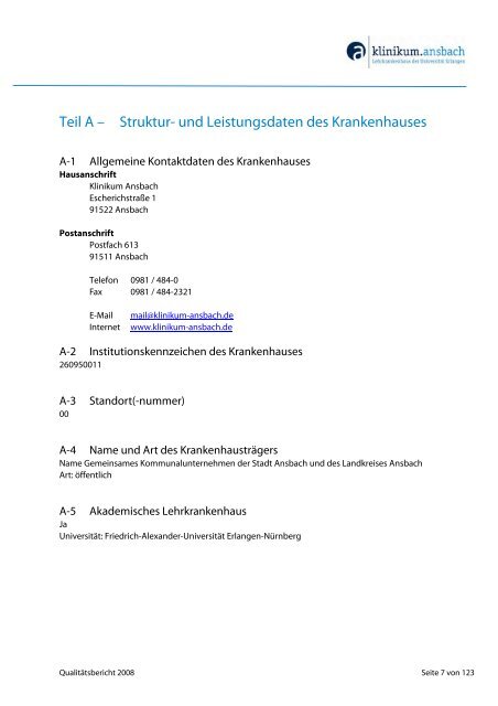 Qualitätsbericht 2008 - Klinikum Ansbach