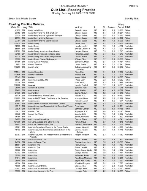 Middle Grades-Reading Practice Quizzes - Southeast Middle School