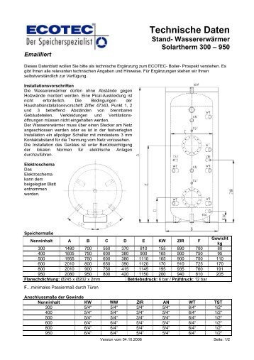 Technische Daten Stand- Wassererwärmer Solartherm 300 – 950