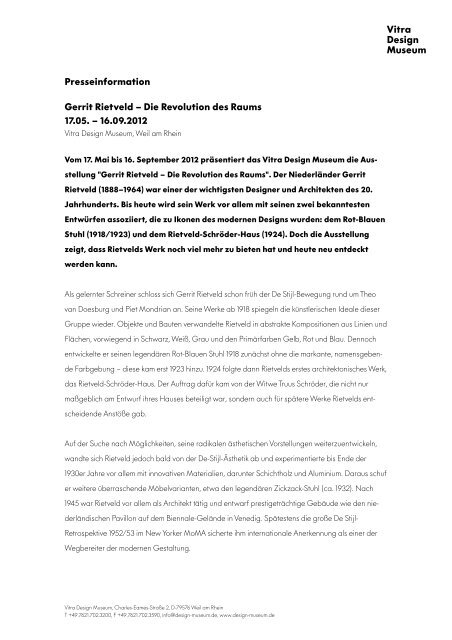 Presseinformation Gerrit Rietveld – Die Revolution des Raums ...