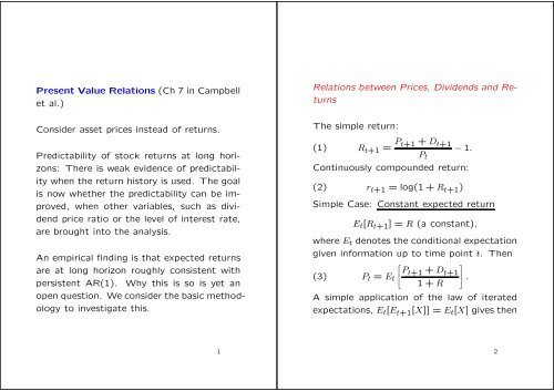 Present Value Relations Ch 7 In Campbell Et Al Consider Asset