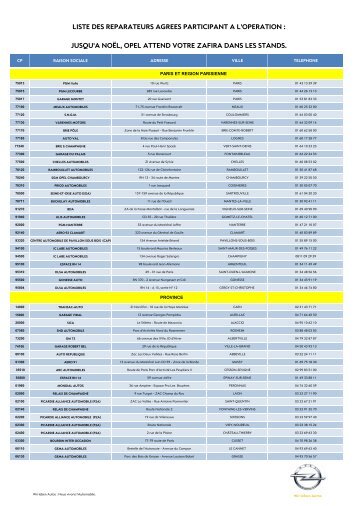 liste des reparateurs agrees participant a l'operation - Opel