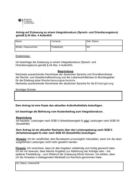 Antrag Auf Zustimmung Zur Kündigung Integrationsamt Muster Antrag auf Zulassung zu einem Integrationskurs - Kreis Stormarn