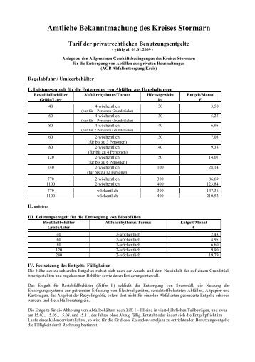 Tarif der privatrechtlichen Benutzungsentgelte ... - Kreis Stormarn