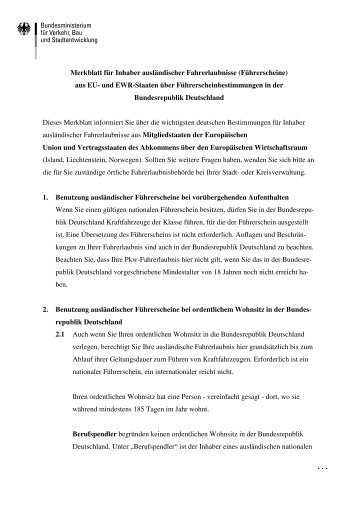 Merkblatt für Inhaber ausländischer Fahrerlaubnisse (Führerscheine)