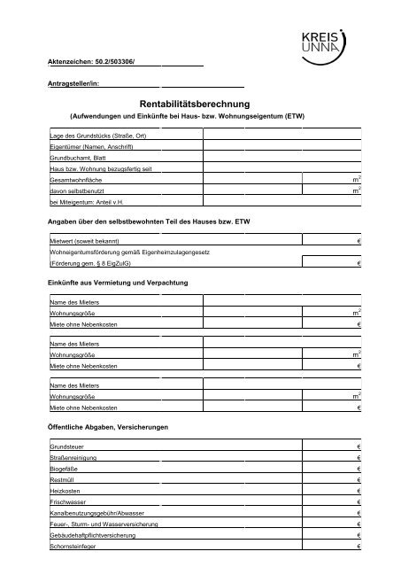 Antrag auf Pflegewohngeld - Kreis Unna