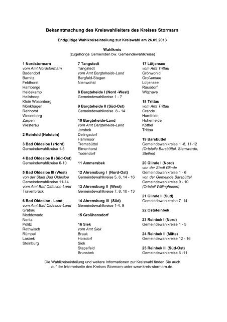 Wahlkreiseinteilung zur Kreiswahl am 26.05.2013 - Kreis Stormarn