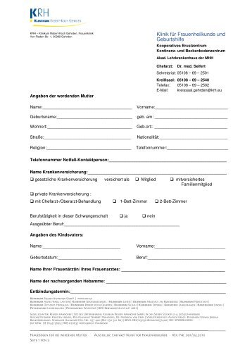 Anmeldeformular zur Geburt - Klinikum Region Hannover GmbH