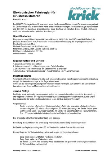 Bedienungsanleitung HIMOTO Brushless Regler als PDF Datei - Krick
