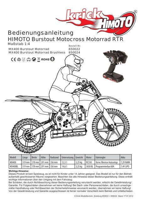 Anleitung HIMOTO MX400 Motorrad als PDF Datei. - Krick