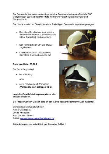 gebrauchte Feuerwehrhelme / Maskenbrillen - Gemeinde Kriebstein