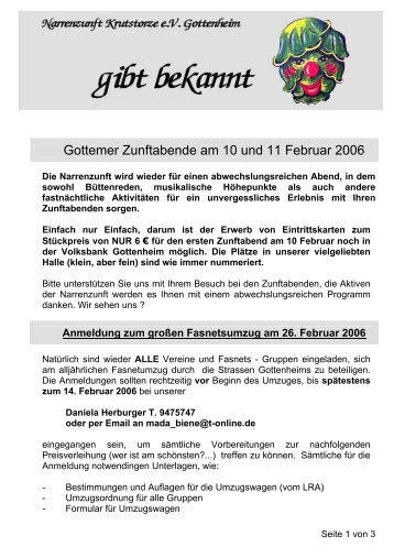 Anmeldung zum großen Fasnetsumzug am 26. Februar 2006