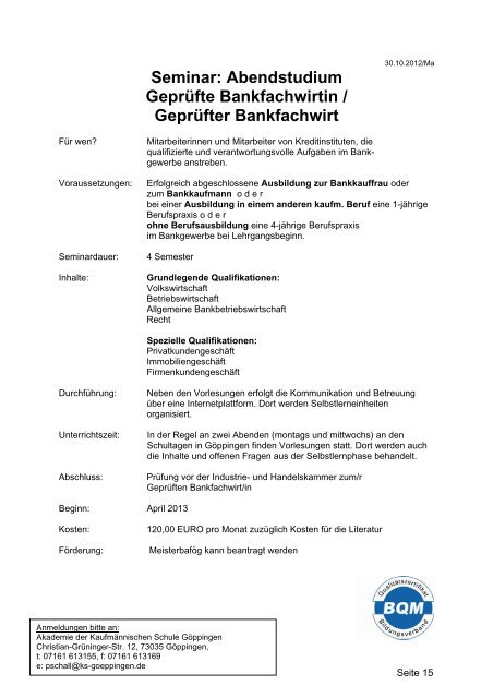 aktuellen Seminarangebote - Kaufmännische Schule  Göppingen