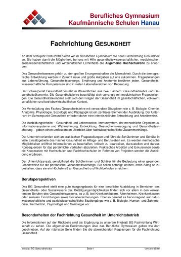 Infoblatt BG Gesundheit - Kaufmännische Schulen Hanau