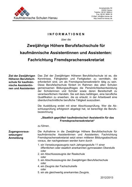 Infoblatt FS 2009-10 - Kaufmännische Schulen Hanau